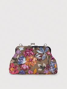 花卉刺绣草编手拿包，金属链条晚宴/沙滩包 - 卡其色 - 查看 4