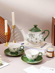 1 Juego de tetera, taza y platillo de cerámica con diseño floral y de vid, estilo minimalista y elegante. Juego de taza y platillo de cerámica de unicolor verde y azul, estilo nórdico y de lujo, simple. Adecuado para restaurante, cafetería, librería, hotel, hogar. Juego de taza y platillo de cerámica para café, té de flores y merienda. - Verde - Ver 12