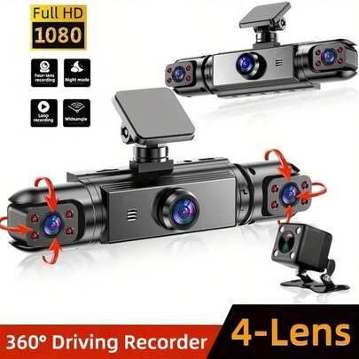 Dash Cam For Car, 4-Channel Black Box Driving Camera, Car Dashboard Camera, Left/Right/Front/Rear Camera, Wide Angle, Adjustable Lens, Loop Recording, Night Vision, Motion Detection,150mAh Battery