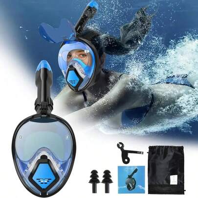 Adult Devil Fish Full Face Snorkel Mask, Foldable Snorkeling Set With Dry Top System, 180° Panoramic View Diving Mask, Anti-Leak Anti-Fog Snorkel Gear
