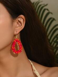 1 对手工波西米亚风格仿水晶串珠和流苏耳环，复古优雅独特几何泪珠耳环，时尚耳环礼物，适合婚礼、音乐节、朋友和恋人，适合女性日常、度假、派对佩戴（珠子颜色和位置随机） - 玫紅色 - 查看 3