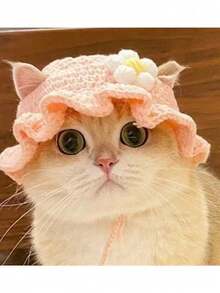 Cute Handmade Crochet Pet Hat & Bib Set, Adjustable Knitted Sun Hat + Saliva Towel, Soft Breathable Pet Outfit For Small Dogs Cats, Puppy Kitten Accessory For Outdoor - Multicolor - View 10