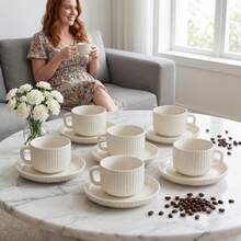 Juego de 6 piezas/1 set de taza de café y platillo de cerámica de 90ml/3oz, taza de estilo latte de porcelana blanca a rayas europeas, juego de taza de té vintage, apto para uso diario en el hogar, cocina, cafetería, bar, máquina de café o restaurante, café expreso - Multicolor - Ver 7