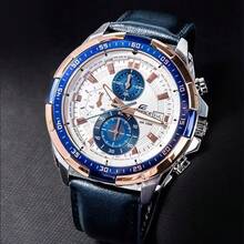 Casio 卡西欧 Edifice EFR-539L 双色金蓝表圈三眼计时石英男士腕表，100米防水，真皮表带，夜光商务运动腕表 - 均碼 - 查看 5