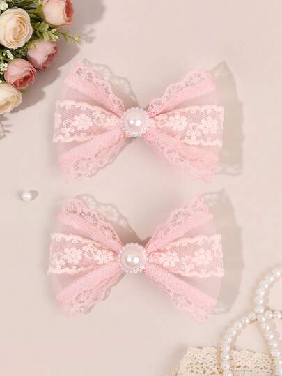 2pcs Pink Lace Hair Bows For Girls Elegant Plain Bow Alligator Clips Glossy Faux Pearls Decor Hair Clips Wedding/Vacation Barrettes Simple Daily Hairpins Teens Hair Accessories