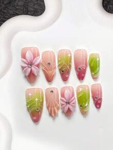 10pcs French Style Acrylic Nail Art Set, Including Solid Color, Water Wave, Raindrop, White Edge Outline French Tip, 5-Petal Pink Flower, Shell Pattern Nail Stickers, Pink Nail Polish, Summer Holiday Nails, With Nail File (1 Jelly Sticker + 1 Nail File), 3 Sizes Available: Almond, Duck Mouth, Coffin - Nhiều màu - Xem 14