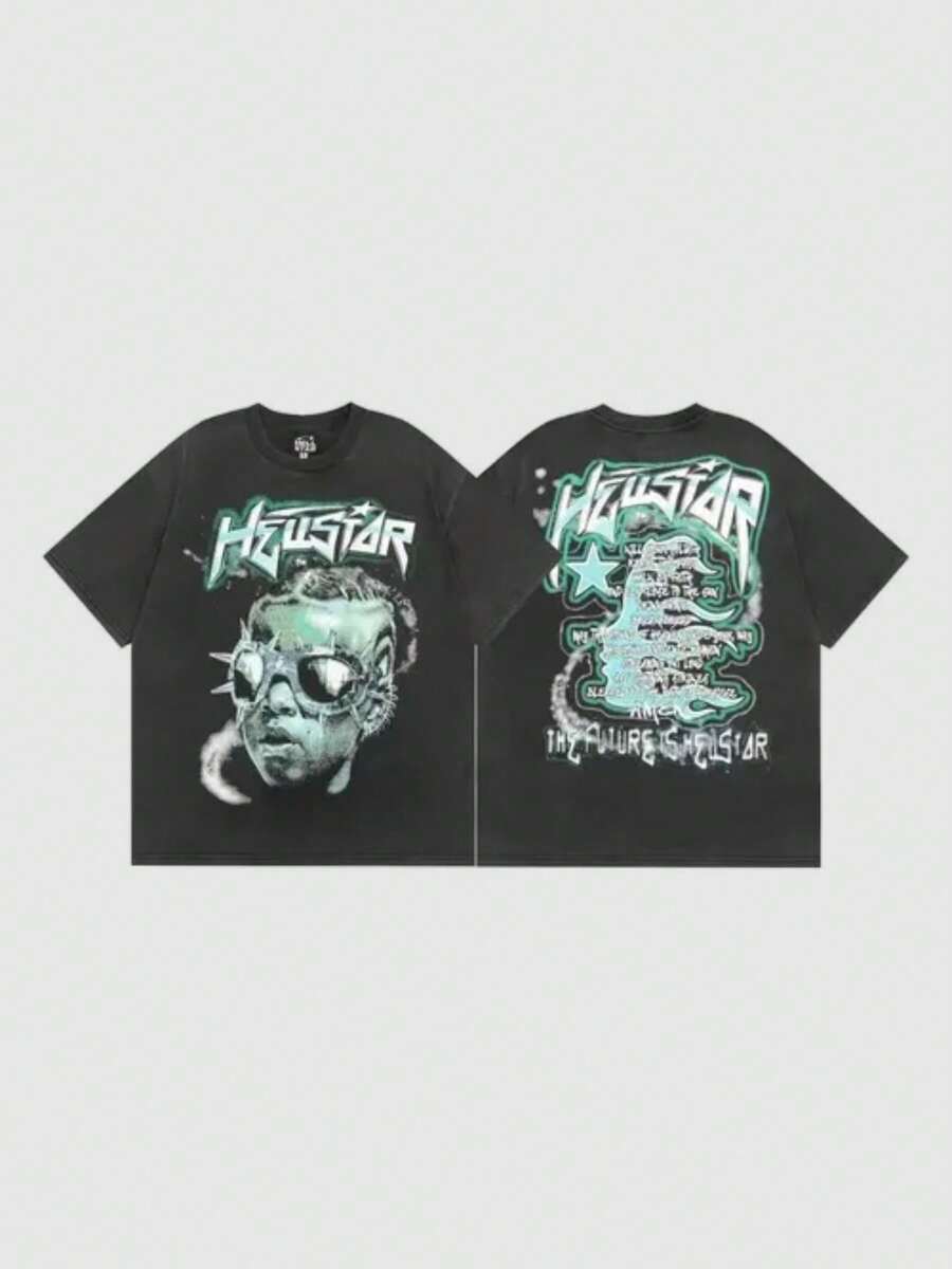 Hellstars The Future Is Hellstars World Tour Y2K T-Shirt Double Sided Printed (220g 100% Cotton T-Shirt), Summer Clothes, Women's Tops, Casual And Comfortable, Fashionable Graphic Tee, Unisex Style - Black - View 1