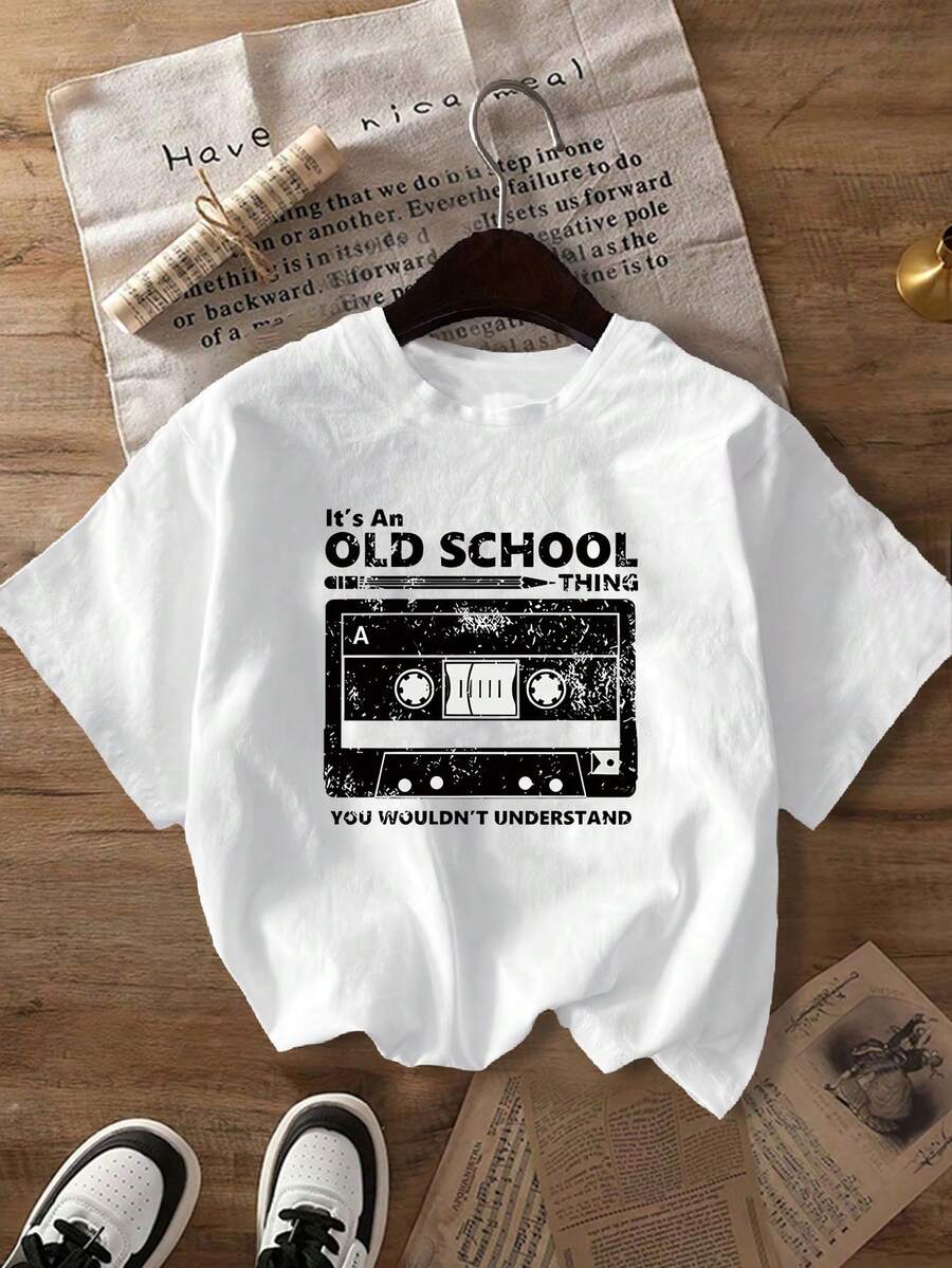 休闲标语印花短袖T恤，夏季 - 白色 - 查看 1