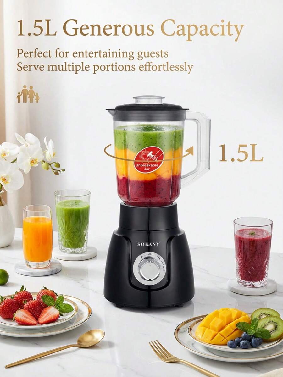 Máy ép trái cây kiêm máy xay 2 trong 1 SOKANY, 500W, 3 tốc độ, bình xay 1.5L chống vỡ, miệng rộng 3 inch cho trái cây và rau củ nguyên quả, có thể xay cà phê và gia vị, phù hợp cho gia đình/văn phòng/phòng tập/nhà hàng/nhà bếp, dễ vệ sinh - màu đen - Xem 1