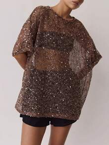 Women Sequin Sheer Short Sleeve Glitter T Shirt Oversized Sparkly Hollow Out Knit Cover Up Beach Y2K Mesh Tee Blouse - Màu nâu Sô-cô-la - Xem 3