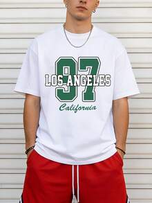 Men's Fashion Casual T-Shirt, Los Angeles 97 Graphic Print, & , Outdoor, Daily Leisure, Sports, Gym Outfit, Versatile Short Sleeve Tee White - White - View 1