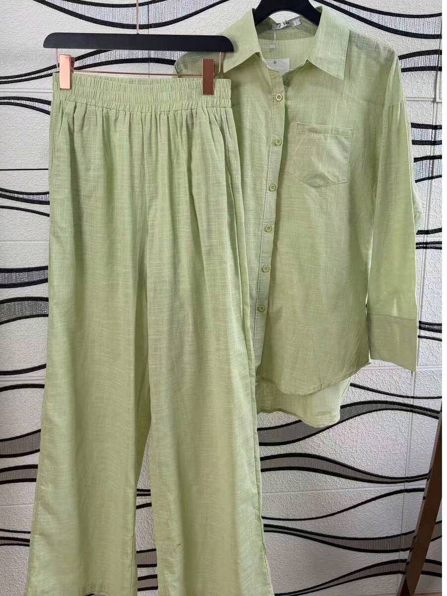 Women's Set Consisting Of A Long-Sleeved Shirt And Cotton Pants. - 薄荷綠 - 查看 1