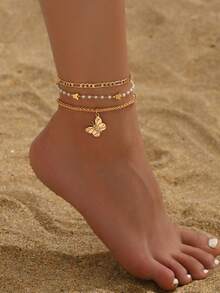 3pcs Delicate Faux Pearl Butterfly Beaded Chain Anklet Set, Versatile Daily Wear For Teenagers, Handmade Chain Can Be Cut To Desired Length, Faux Pearl Quantity Not Fixed - Gold - View 6
