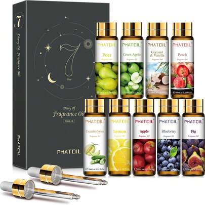 9PCS Fruit Fragrance Oil Set 10ml/0.33fl.Oz For Soap Making Candle Making Diffusers Aromatherapy – Cucumber Melon, Coconut & Vanilla, Peach, Pear, Green Apple, Blueberry, Apple, Fig, Lemon Scented Oils