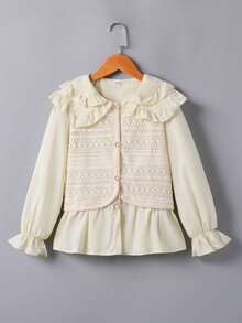 Tween Girl Ruffled Frill Collar Blouse, Sweet Layered Look Princess Style Top - Apricot - View 1