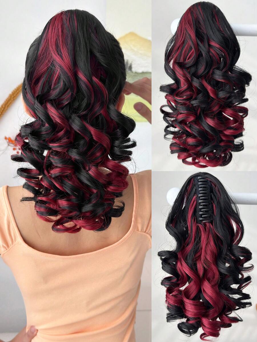 12 Inch Black & Red Claw Ponytail Hair Extension, Heat Resistant Synthetic Fiber Ponytail Wig, Suitable For Women's Party And Daily Use