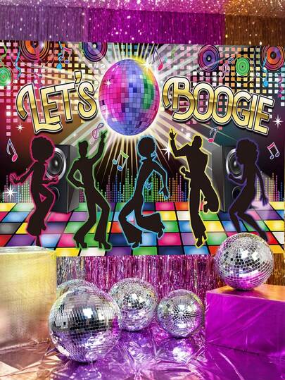 迪斯科舞会背景幕布，70/80年代复古迪斯科球和舞者剪影设计，高品质布料摄影背景，适合迪斯科主题派对、生日派对、单身派对，多种尺寸可选，可水洗重复使用，是室内外庆祝活动的理想装饰。