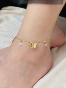 1件装时尚水钻蝴蝶脚链，18K镀金钛钢不褪色蝴蝶脚链，简约ins风女士脚饰 - 蝴蝶帶鑽腳鍊 - 查看 1