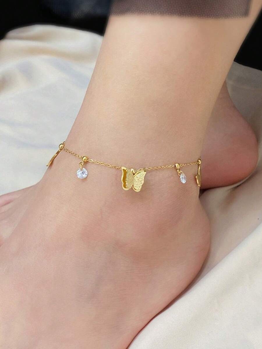 1件装时尚水钻蝴蝶脚链，18K镀金钛钢不褪色蝴蝶脚链，简约ins风女士脚饰 - 蝴蝶帶鑽腳鍊 - 查看 1