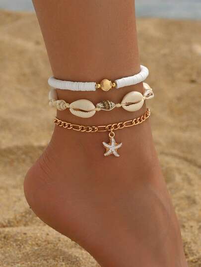 3pcs/Set Summer Ocean Style Soft Pottery Shell Beaded Metal White Drip Glaze Starfish Pendant Anklet, Handmade Natural Shell Necklace Bracelet Jewelry Set, Suitable For Daily Outfit, Beach Holiday, And Dates