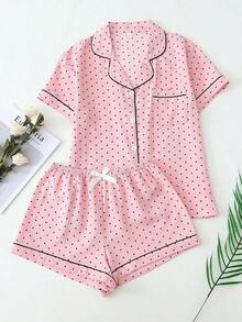 2pcs/Set Women's Mini Polka Dot Printed Pajama Set With Contrast Trim Button-Down Shirt And Bow Tie Shorts, Perfect For Home Wear In Summer White Set,Two Pieces Set - 粉色 - 查看 2