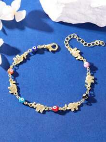 1 buah Gelang Gajah Lucu dan Modis dengan Mata Berwarna-warni Berenamel (Warna Mata Acak) - Emas - View 1