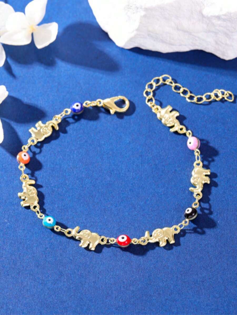 1 buah Gelang Gajah Lucu dan Modis dengan Mata Berwarna-warni Berenamel (Warna Mata Acak) - Emas - View 1