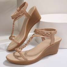 Women's Braided Strappy Open Toe Wedges Sandals Pu Leather Dressy Slingback Slides Shoes Summer Casual Walking Platform Bohemian - Màu be - Xem 2