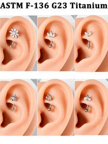 1PC CZ Flower/Bat/Spider /Bee Moon&Star Rook Earring,16G Implant Grade Titanium Internal Thread Eyebrow Labret Lip Belly Button Ring Curved Barbell Clear Zirconia Floral Cartilage Daith Conch Earring - Titanium Color - View 3