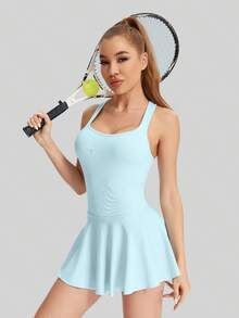 MathCat Women's Tennis Dress, Sport Skort Badminton Skirt, Sexy Beautiful Back Design, Suitable For Tennis Matches And Club Socials. - 淺藍色 - 查看 5