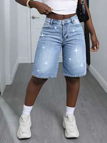 女士做旧直筒七分牛仔裤，饰有水钻 - 中等水洗藍 - 查看 2