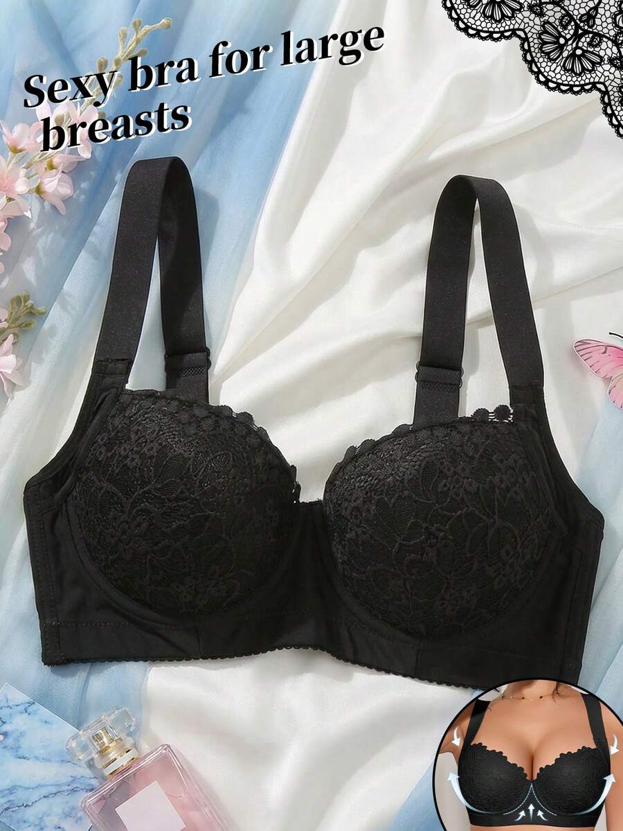 Women's Lace Padded Push-Up Bra, Comfortable Wide Straps, Lift And Enhance Bust, Breathable Backless Design, Suitable For Daily Wear