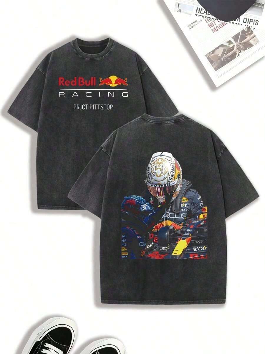 Graphic T Shirts Men, F1  Racing Car Print T-Shirt, 100 Percent Cotton Crew Neck Short Sleeve Tee, Vintage Retro Style, Casual Everyday Wear, Holiday Party Outfits,   For Men - 黑色 - 查看 1
