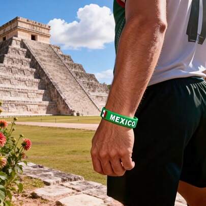 2026年世界杯球迷经典纪念硅胶腕带，墨西哥国旗加油道具足球手环