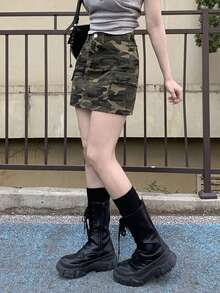 Chân váy denim ngắn cạp cao, họa tiết rằn ri, kiểu dáng thường ngày, có túi cài nút, dành cho nữ, thích hợp cho mùa xuân/hè. - xanh quân đội - Xem 3