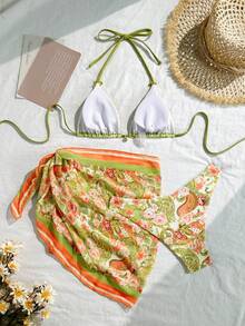 Spring/Summer Women's Elegant Bohemian Tie-Back Bikini Set With Chiffon Printed Cover-Up, Floral All-Over Print, Tie-Back Design, Suitable For Beach, Easter, St. Patrick's Day, Going Out, Graduation Vacation - Cadet Blue - View 4