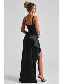 Women's 2026 Satin Silk Spaghetti Straps Slit Bridesmaid Dress, Formal Evening Prom Dress - 黃色 - 查看 3