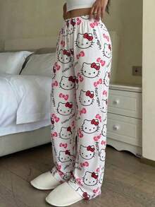 SANRIO 1 chiếc quần dài ống đứng màu trắng in họa tiết hoạt hình mềm mại và dễ thương dành cho nữ. - trắng - Xem 2