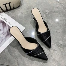 Dép lê cao gót mũi nhọn đính đá mới năm 2026, màu đen, kiểu dáng slip-on, mùa xuân. - màu đen - Xem 17