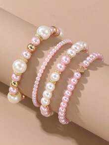 4pcs Set Women Elegant Faux Pearl Beaded Bracelets Combination Fashion Party Accessories - 粉色 - 查看 1