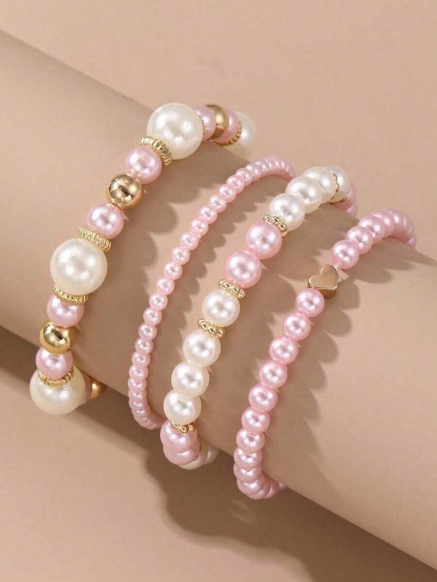 4pcs Set Women Elegant Faux Pearl Beaded Bracelets Combination Fashion Party Accessories - 粉色 - 查看 1