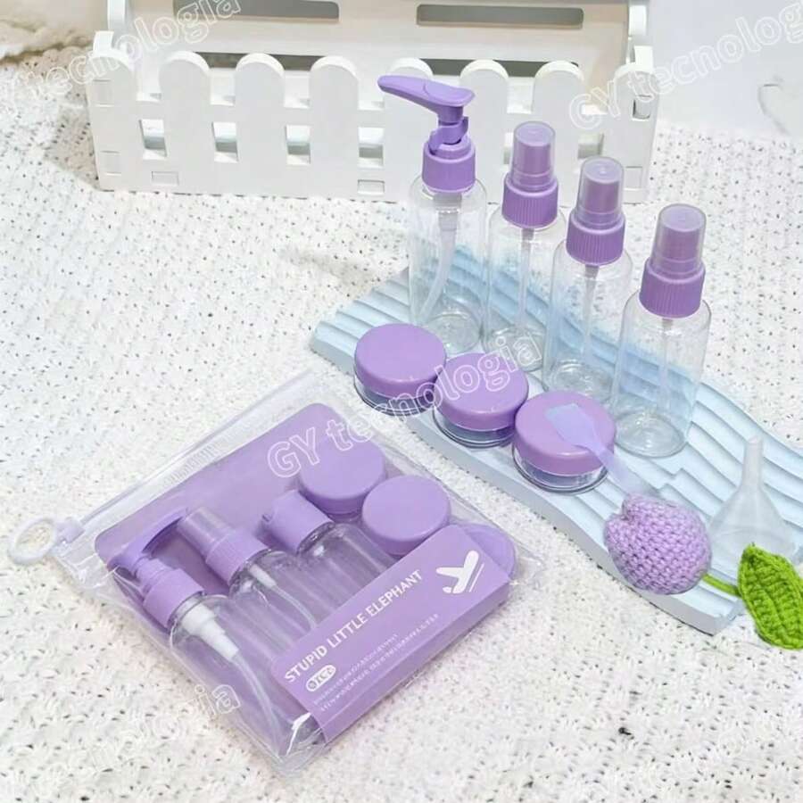 Kit With 9 Travel Bottles - Shampoo, Cream, Soap And Personal Care Items - Purple - View 1
