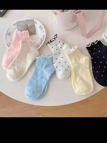 7 Pairs Random Spring/Summer Frill Trim Socks, Sweet Breathable Thin Ankle Socks, Polka Dot Cute Low-Cut Socks For Girls, - Multicolor - View 3