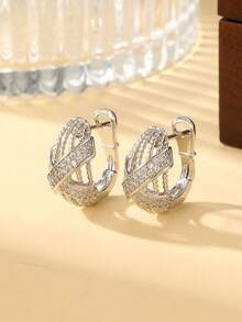 精美礼盒装优雅立方氧化锆编织圈形耳环，奢华闪亮圆形耳环，女士婚礼派对珠宝礼品，铜质材质，不褪色，防过敏 - 銀色 - 查看 8