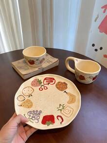 1pc Hand-Painted Graffiti Fruit Ceramic Coffee Cup & Saucer, Milk Mug, Rice Bowl, High-Quality Dessert Plate, Gift - Multicolor - View 2