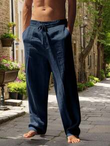 Men's Linen Wide-Leg Casual Pants Relaxed Fit, Suitable For All Seasons - Navy Blue - View 7