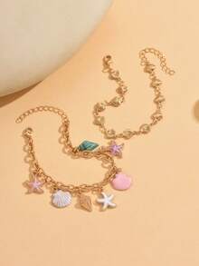 2pcs/Set Unique Drip Glaze Starfish Pendant Bracelet Set, Fashionable Minimalist Gold Shell Chain Layered Bracelet, Suitable For Daily Wear And Party Occasions - Multicolor - View 3