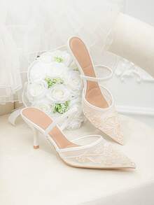 女士网纱手工刺绣仿珍珠尖头套脚透气高跟鞋，新款情人节婚礼百搭派对性感优雅花卉刺绣仿珍珠7.5厘米高跟鞋 - 米色 - 查看 14