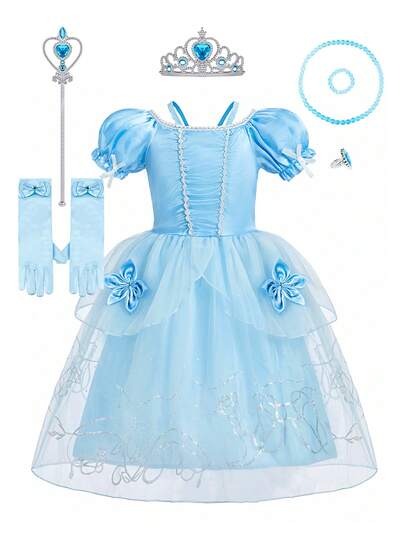 8pcs/Set Light Blue Girls Bubble Floral Sheer Floral Dress Accessories Set, Children Role Play Dress Up Costume For Party, Christmas, Halloween