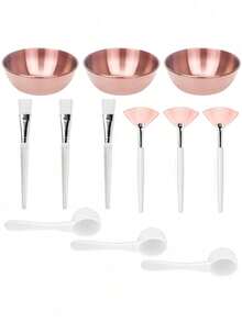 2/3/4/12pcs Beauty Therapist Facial Care Tool Set, Gold/Silver/Rose Gold Stainless Steel Face Mask Mixing Bowls, Fan-Shaped Spatula Flat Head Brush, Mask Brush Set + Mixing Bowls Combo, Essential SPA Tools For Women, Home & Travel Care Kit - Multicolor - View 10
